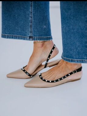 Berness Slingback Flats Size 8 Beige Black Studded Pointed Toe Slip On New